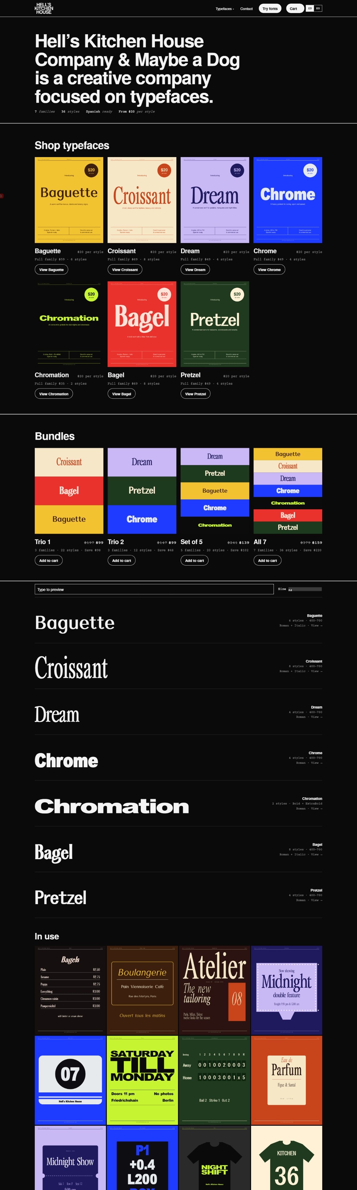 The live Hell’s Kitchen House website, scrolling through its typefaces