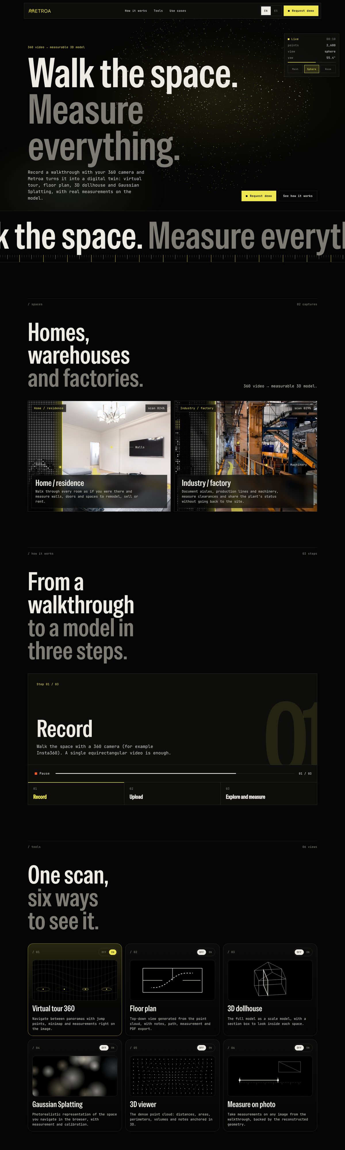 The live Metroa website, scrolling through its 3D scanning platform pages