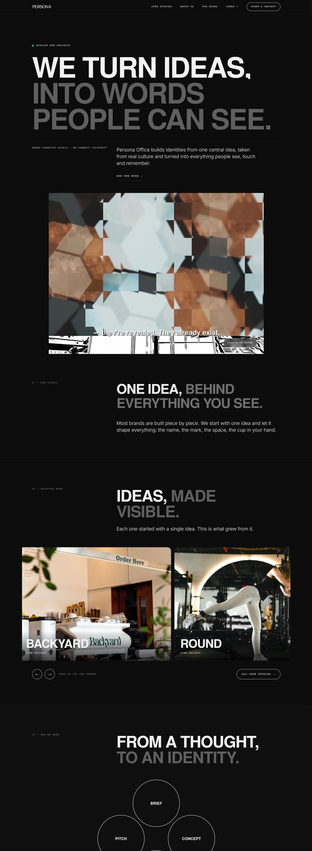 The live Persona Office website, scrolling from the hero through the studio, selected work and process sections